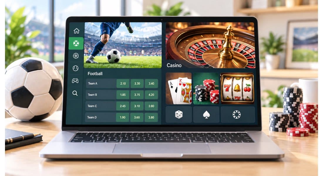 Bärbar dator som visar ett spelbolag som erbjuder både fotbollsodds och casinospel